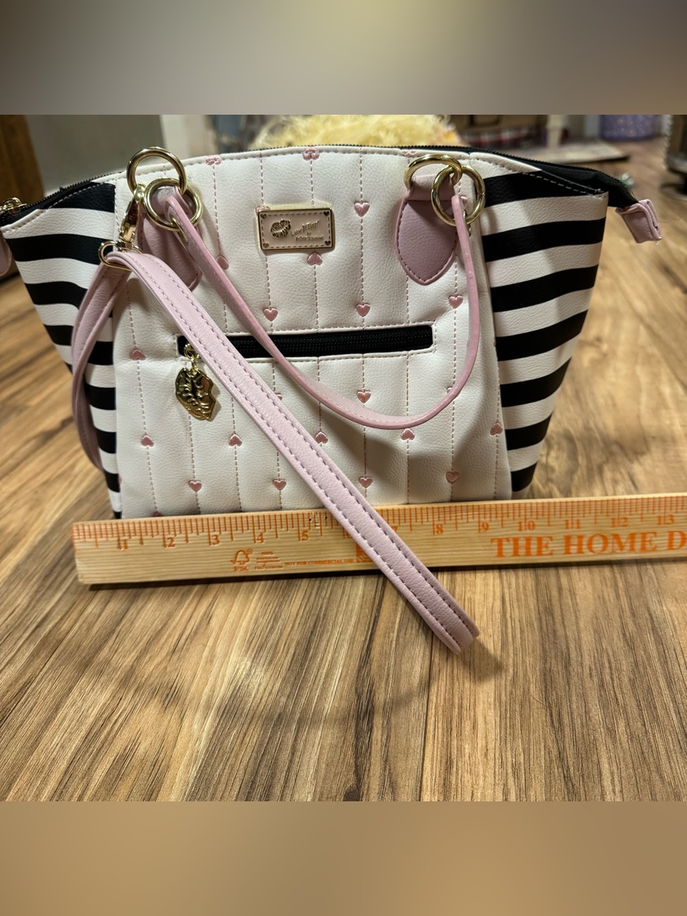 Luv Betsey Johnson Purse White W Pink Embroidered Hearts Black & White Stripes